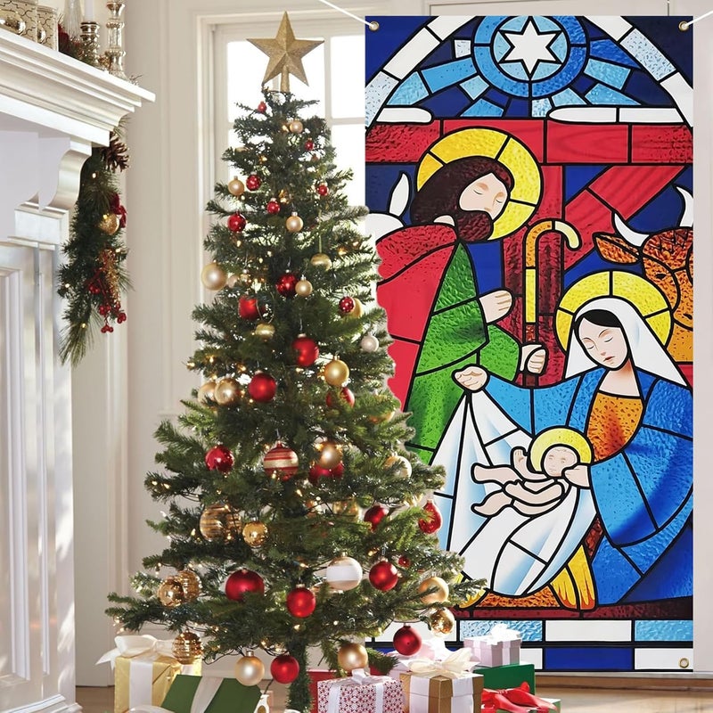 Zeptrix Christmas Door Cover Decorations,Jesus Nativity Scene Christmas Fabric Door Decoration Porch Sign Holy Night Outdoor Religious Front Door Banner Winter Holiday New Year Xmas Office Home Party Supplies - Image 4